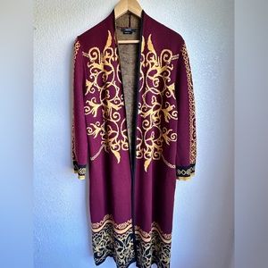 Vertigo Womens Full Length Maxi Cardigan Royal Design Paisley Red Black Gold L